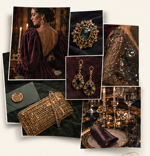 A little theatrical mood board: velvet gown, jewelled brooches, beaded clutch and candlelit table detail