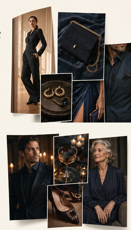 Modern romance mood board: tailored jumpsuit, satin evening dress, sleek suiting and refined accessories