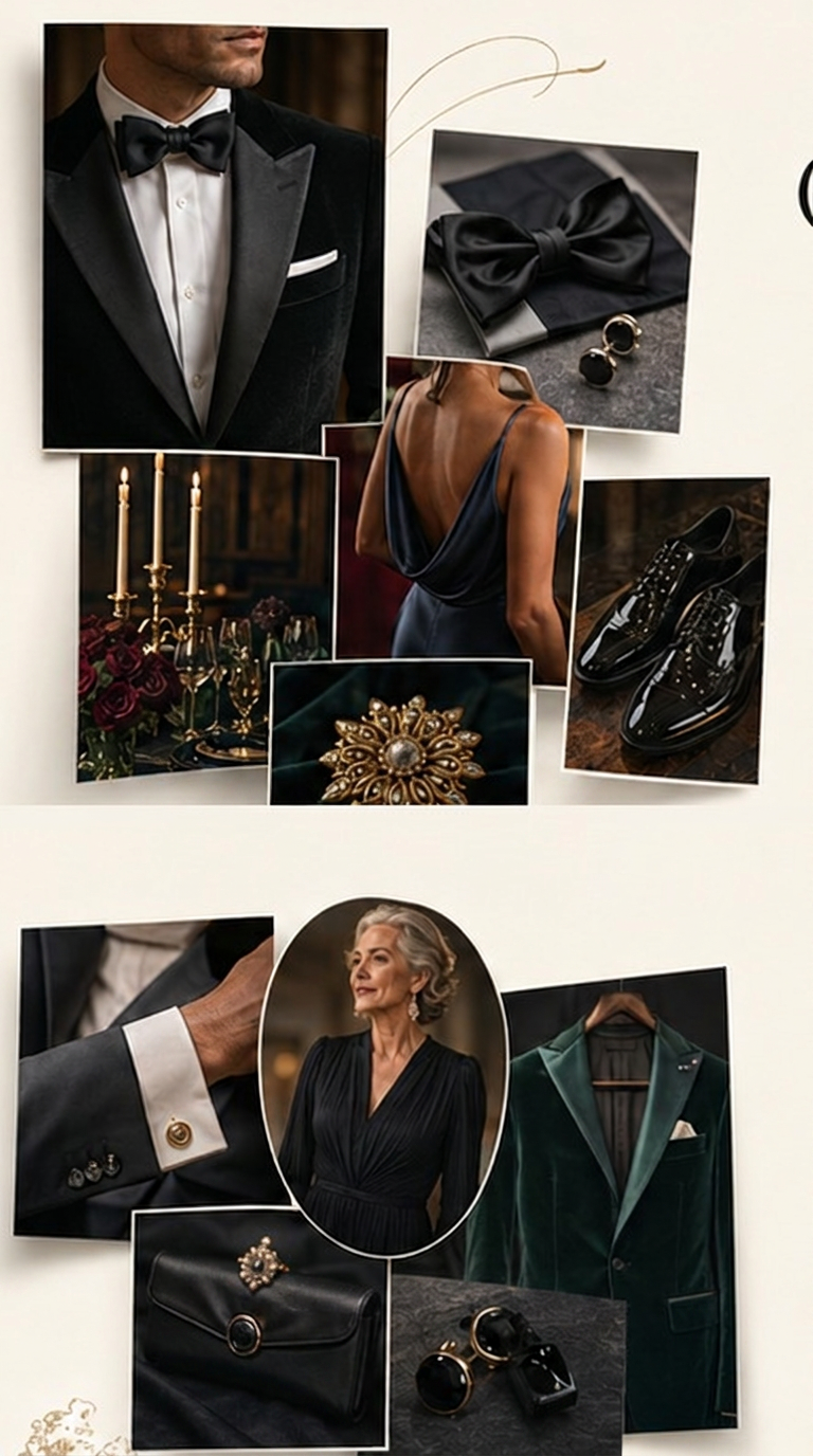 Classic after dark mood board: tuxedos, black bow tie, satin gowns, velvet jacket and simple evening accessories